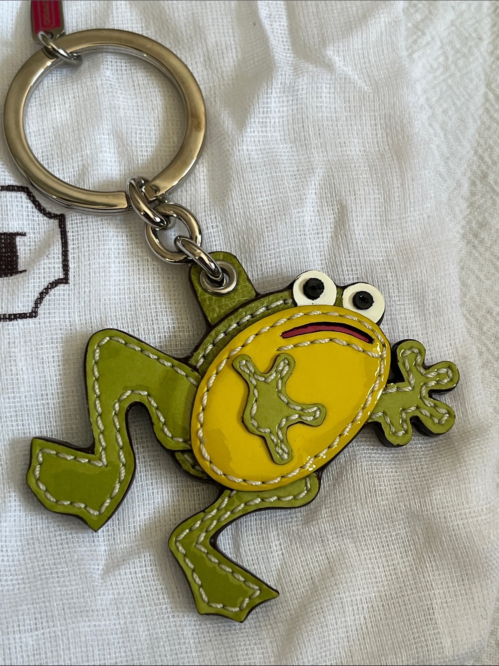 Vintage Coach Green and Yellow Frog Leather Keyring Fob Accessory